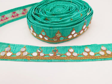Cyan Blue Silk Trim With Mirrors Embellishments and Gold Embroidery, Approx. 34mm Wide, Decorative Trim Costume Trim Fashion Trim By Yard